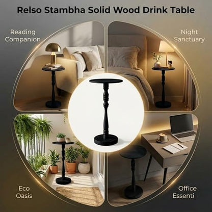 Relso Stambha Solid Wood Drink Table - 24" Tall Round Accent Side Table, Handcrafted Black Finish, Mango Wood, Perfect for Living Room, Bedroom or Indoor Plant Stand, 12" Compact Top - color: Stambha Black