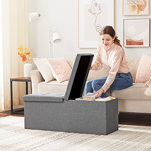 SONGMICS MAZIE Collection - 43 Inches Storage Ottoman, Foldable Storage Bench with Flipping Lid, 660 lb Load Capacity, for Entryway, Living Room, Bedroom, Light Gray ULSF71G - color: Light Gray, size: 15"D x 43"W x 15"H, style: Modern
