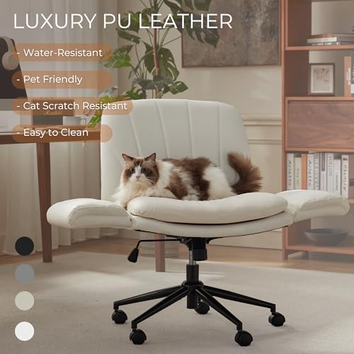 Dowinx Criss Cross Chair with Five-Level Adjustable Arms and Wheels - Comfortable Ergonomic PU Leather Swivel Vanity Chair - Computer Makeup Chair for Home Office, Bedroom, Vanity Room -Milk White - color: Milk White