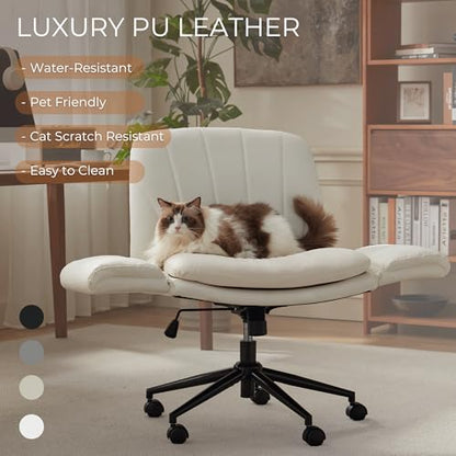 Dowinx Criss Cross Chair with Five-Level Adjustable Arms and Wheels - Comfortable Ergonomic PU Leather Swivel Vanity Chair - Computer Makeup Chair for Home Office, Bedroom, Vanity Room -Milk White - color: Milk White