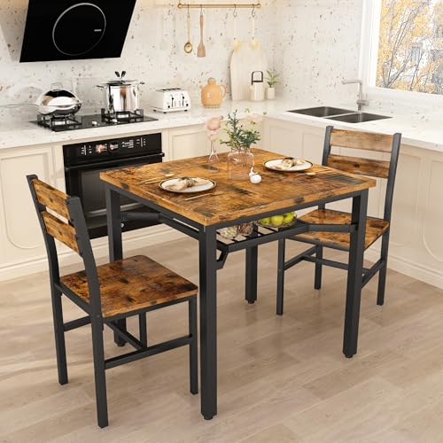 Hooseng 3 Piece Dining Table Set for 2, Small Wooden Kitchen Table with Storage, Farmhouse Square Dinette Set for Dining Room, Breakfast Nook, Apartment, Small Space - color: Brown
