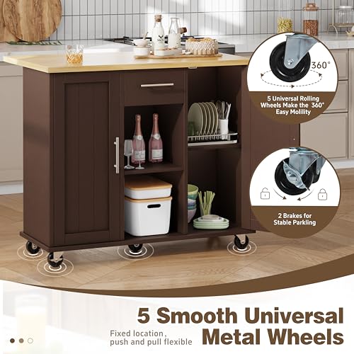 Shintenchi Kitchen Island with Storage, Bar Cart Cabinet Island Table on Wheels, Rolling Microwave Cart for Kitchen with Drop Leaf, Drawers, Towel Rack, Seating Area for Dining Room, Brown - color: Brown-42 Inch