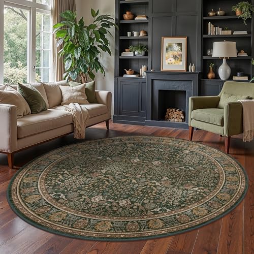 8ft Round Area Rug 8x8, Washable Non Slip, Dark Green Brown | Vintage Floral, Spill Resistant, Lightweight Low Pile Non-Shedding Carpet for Bedroom, Nursery and Dining Room - color: Dark Green Brown, size: 8' (Round)