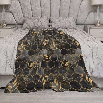 Marble Throw Blanket Black Honeycomb Grid Golden Leaves Pattern Soft Lightweight Warm Plush Blankets for Sofa Bedroom 50"x60" - color: Marble-10, size: 50"x60"
