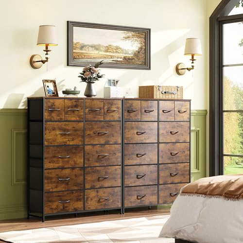 WLIVE 12 Drawer Tall Fabric Dresser Bedroom Storage Chest, Rustic Brown | 12-drawer tall fabric dresser with wood top and steel frame, P2 grade board, ideal for bedroom closet living room storage - color: Rustic Brown Wood Grain Print