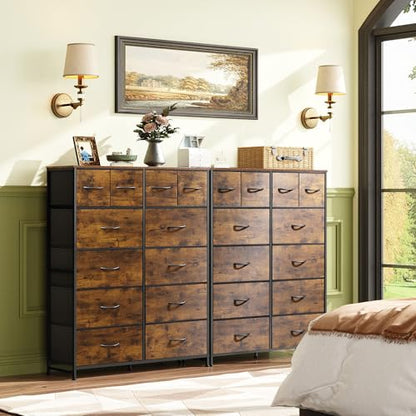 WLIVE 12 Drawer Tall Fabric Dresser Bedroom Storage Chest, Rustic Brown | 12-drawer tall fabric dresser with wood top and steel frame, P2 grade board, ideal for bedroom closet living room storage - color: Rustic Brown Wood Grain Print