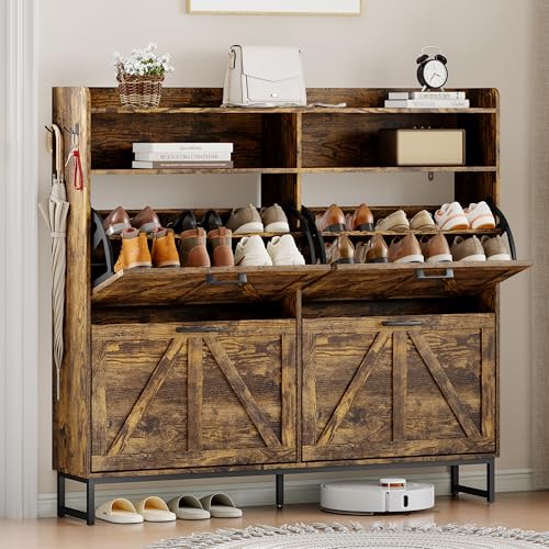 Shoe Cabinet Storage for Entryway, Shoe Storage Cabinet with 4 Flip Drawers, Freestanding Narrow Shoe Rack Organizer with Metal Legs, Adjustable Shelves & Open Storage for Foyer, Hallway, Brown - color: Brown, style: 4 Drawers