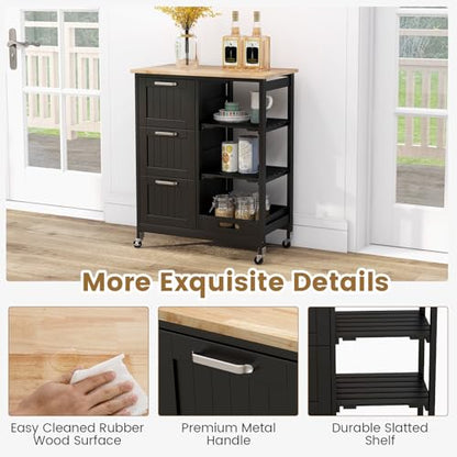 COSTWAY Kitchen Storage Island Cart on Wheels, Kitchen Rolling Trolley Cart with 3 Drawers and Shelves, 360° Wheels & Detachable Tray, Utility Cart for Dining Room, Living Room & Bedroom (Black) - color: Black