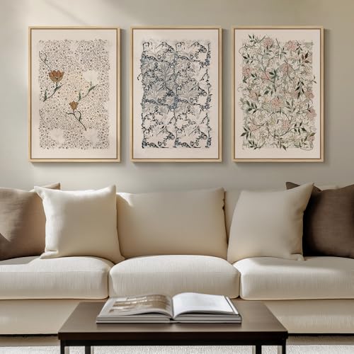 Framed William Morris Canvas Wall Art for Living Room, Set of 3 Large Neutral Floral Botanical Prints, Vintage Rustic Boho Pictures for Bedroom Hallway Office, 16x24 Inch - color: Neutral Floral, size: 16"W x 24" H x 3Pcs
