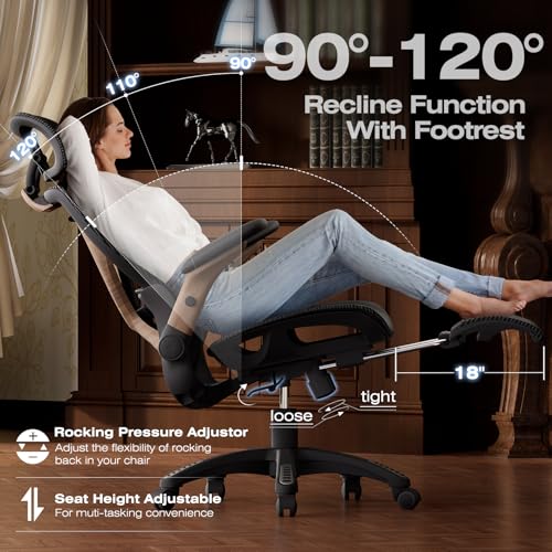 X100 Ergonomic Mesh Office Chair with Footrest, Big and Tall Home Desk Chair with 5D Flip-Up Arms, Adjustable 3D Lumbar Support, Gaming & Executive Computer Chair (Library Oak) - color: Library Oak