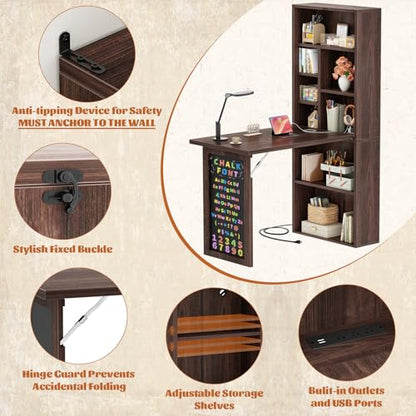 Small Folding Desk with Outlets, Fold-Out Murphy Desk Craft Table | Foldable Wall Mounted Desk Cabinet with Storage, Multi-Function Desk for Small Spaces/Home Office/Craft Room, Black Walnut - color: Black Walnut