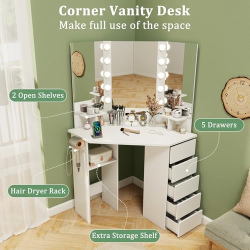 CHARMAID Corner Vanity Desk with Mirror and Lights, White Makeup Vanity Table with 5 Drawers, Storage Shelves, Charging Station, 3 Lighting Modes, Compact Vanity Dressing Table for Small Space