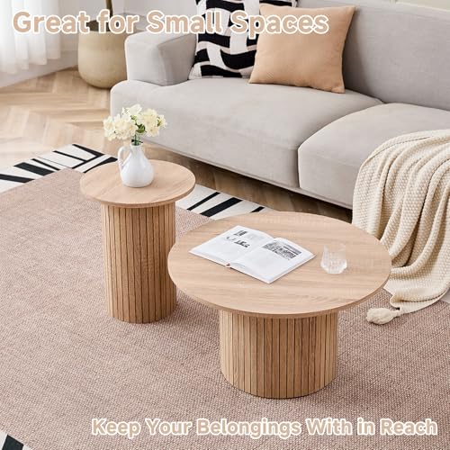 Round Nesting Coffee Table Set of 2 Mid Century Modern Wood Round Coffee Tables with Flexible Small Boho Circle Side Table for Space Saving Living Room Comedor Home Office Bedroom(Natural) - color: 2pcs Natural