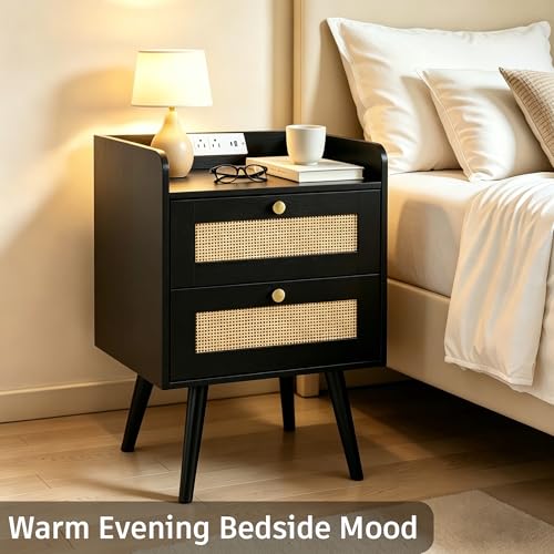 Rattan Nightstands Set of 2, Boho Bedside Table with 2 Drawers | Nightstands Set of 2 with Charging Station, Open Storage End Tables for Bedroom, Small Spaces and Dorm, Solid Wood Legs,Black - color: Black
