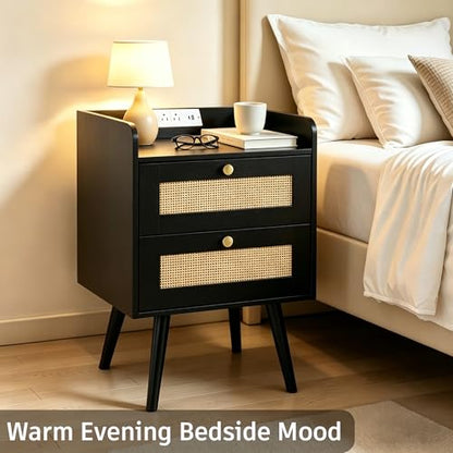 Rattan Nightstands Set of 2, Boho Bedside Table with 2 Drawers | Nightstands Set of 2 with Charging Station, Open Storage End Tables for Bedroom, Small Spaces and Dorm, Solid Wood Legs,Black - color: Black