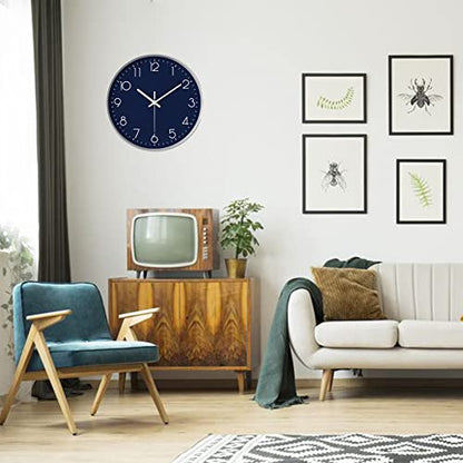 12 in Wall Clock Non-Ticking Quartz Silent Battery Operated Round Clocks Home Kitchen Office School Living Room Decor Clocks (Navy Blue) - color: Navy Blue