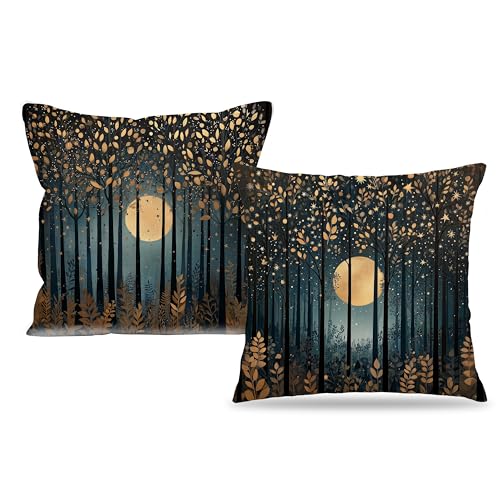 William Morris Inspired Gold Moonlight Forest Throw Pillow Cover 18x18 Set of 2, Vintage Black and Gold Nature Landscape Decorative Lumbar Pillow Cover Case for Home Living Room Bedroom - color: Forest Moon and Starsl-7