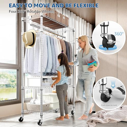 M MZG Heavy Duty Rolling Garment Rack 3 Tiers Adjustable Wire Shelving Clothes Rack with Rods and Side Hooks,Storage Closet Clothing Rack with Wheels Chrome 15.7" D x 29.5" W x 74.5" H - color: Chrome, size: 3 Tier with 1 rod, 15.7"D x 29.5"W x 74.5"H
