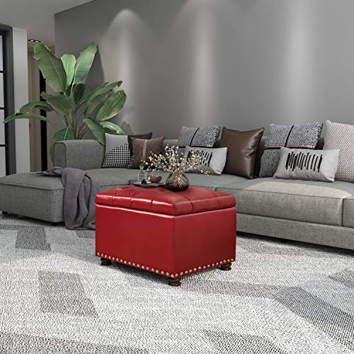 Adeco High End Red Classy Bonded PU-Leather Tufted Accents Rectangular Storage Bench Ottoman Footstool, - color: Red Pu