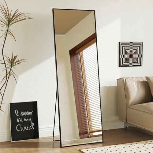 Sweetcrispy 58"x19" Full Length Mirror, Leaning or Standing Full Body Mirror with Aluminum Alloy Thin Frame, Suitable for Bedroom, Living Room, Cloakroom, Black | Aluminum Alloy Thin Frame, Floor or Standing, Suitable for Bedroom, Living Room, Cloakroom -