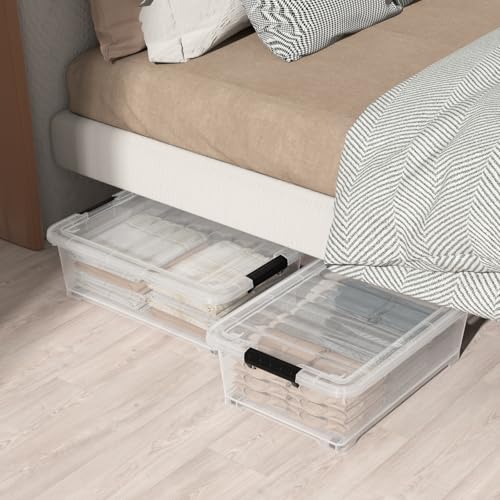 20 Quart Stackable Plastic Underbed Storage Bins with Lid, 4-Pack | Clear Flat Underbed Storage Containers Boxes with Wheels - size: 20 Quart