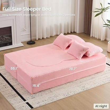 78” Convertible Sofa Bed, Full Size Sleeper Couch, Pink | Boneless Folding Loveseat, Deep Seat, Soft Chenille, 4 Pillows, No Assembly, for Guest Living Room Bedroom - color: Pink, size: 78"