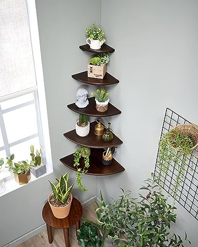 Corner Shelf, Solid Oak Wood Floating Corner Shelf Wall Mount Round End Floating Speaker Shelves with Wire Hole for Small Plant Photo Frame for Bedroom Kitchen, Living Room (Walnut, 7in) - color: Walnut, size: 7in