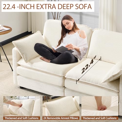 69.3" Plush Cloud Loveseat Sofa, Modular 2-Seater Sectional Couch, 22" Chenille Cushions & 2 Pillows, Corduroy Upholstered Sofa for Living Room Bedroom Apartment, Beige