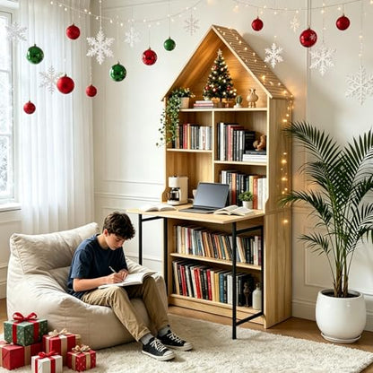 FNK Folding A-Frame Bookshelf Narrow Bookcase with Hideaway Craft Desk | Convertible Hideaway Desk to Bookshelf for Small Spaces, Multifunctional Craft Table & Vanity - color: Natural