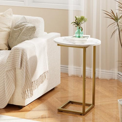 C Shaped End Table, Oval Couch Side Tables for Living Room, Sofa End Table with Metal Frame, Small Wooden Snack Table for Bedroom, Small Spaces, Easy Assembly, Gold - color: White Marble+gold