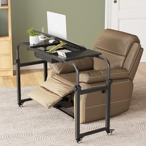 GiftGo Overbed Table with Wheels Rolling Laptop Desk Cart Over Recliner Wheelchair Table Adjustable for Hospital and Home Use Over The Bed Table with Storage Drawer and Cup Holder (Black) - color: Black