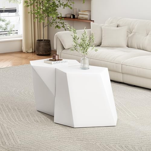 Irregular Nesting Coffee Table Set of 2, Modern Hexagon Side Table, MGO End Table Accent Tables for Living Room Apartment Balcony Office, White - color: 30.25" White