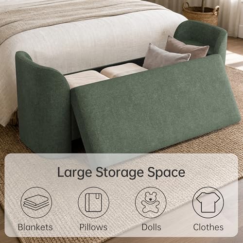 Usaint 58.3" Upholstered Storage Ottoman Bench with 2 Throw Pillows, Green | End of Bed Bench with Curved Arms and Thickened Seat Cushion for Bedroom, Livingroom, Window, Entryway and Dressing Areas - color: Green