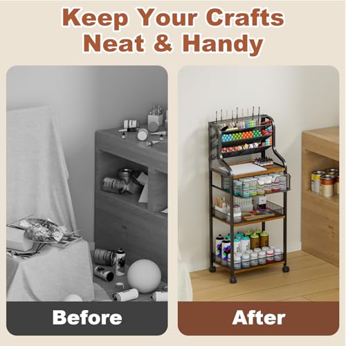 Large 7-Tier Rolling Utility Cart with Drawer, 40in Tall Metal Craft & Art Storage Organizer with Lockable Wheels, Storage for Art Studio, Drawing Room, Paints & Supplies - size: 4 Tiers