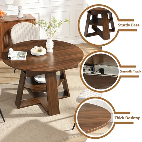 Modern Round Dining Table for 4-8, 43-59" Extendable Oval Dining Table with Leaf, Kitchen Table with Storage Shelf & Wood Cross Base, Circle Tables for Living Room Kitchen, Space Saving (Walnut) - color: Walnut