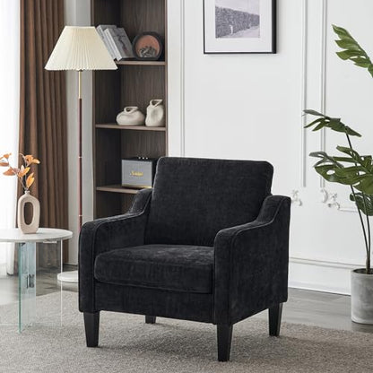 VINGLI Chair Black Upholstered Chenille Accent Chair for Living Room, Bedroom, Mid-Century Modern Arm Chair Comfy Reading Chair with Scooped Arms - color: Black