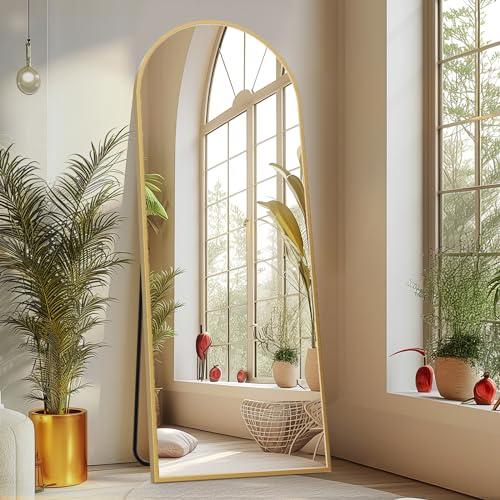 Sweetcrispy 64"x21" Arched Full Length Mirror, Full Body Mirror, Gold | Aluminum Alloy Thin Frame, Floor or Standing, Suitable for Bedroom, Living Room, Cloakroom - color: Gold-arched, size: 64"L x 21"W