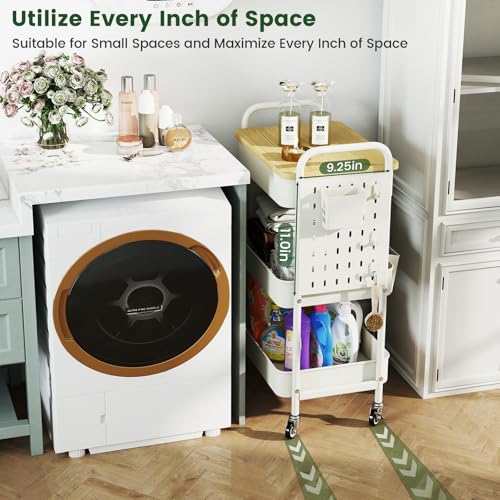 Rolling Utility Cart with Drawer, 3 Tier Rolling Cart with Wheels, Hooks & Hanging Cups, Craft Cart Art Cart Snack Cart Rolling Storage Cart with Wooden Table Top & DIY Pegboards, White