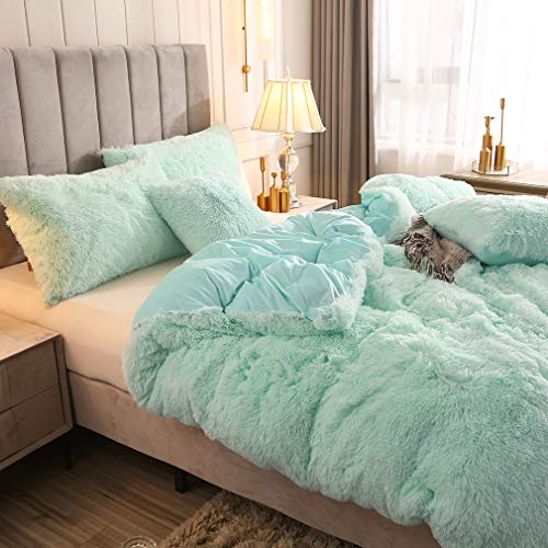 Faux Fur Velvet Fluffy Bedding Duvet Cover Set Down Comforter Quilt Cover with Pillow Shams, Ultra Soft Warm (Queen, Aqua) - color: Aqua, size: Queen