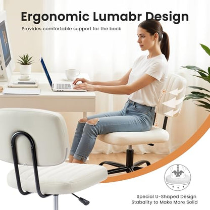 YSSOA Small Office Desk Chair Comfy Computer Chair with Ergonomic Low Back Lumbar Support, Height Adjustable Armless PU Leather Vanity Stool 360° Swivel Rolling Chair for Home Bedroom, White - color: White