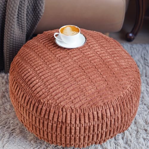 Round Storage Pouf Ottoman Cover Unstuffed Footstool, Caramel | Cover Only, 20x20x8 In, Soft Corduroy, Ribbed Texture, Living Room, Bedroom, Reading Nook - color: Caramel B