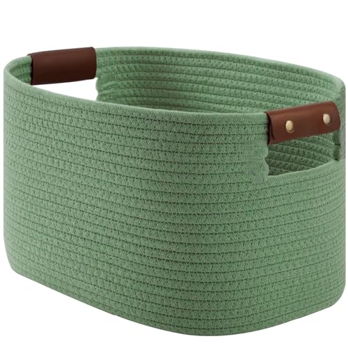 ECDYQXVU 15x10x9 Woven Cotton Rope Storage Basket, Leather Handles 1 Pack | Foldable Design, Sturdy PU Handles, Easy to Clean Organizer for Living Room, Closet, Shelves, Bedroom, Laundry, Clothes - color: Green-1 Pack, size: 1 Pack