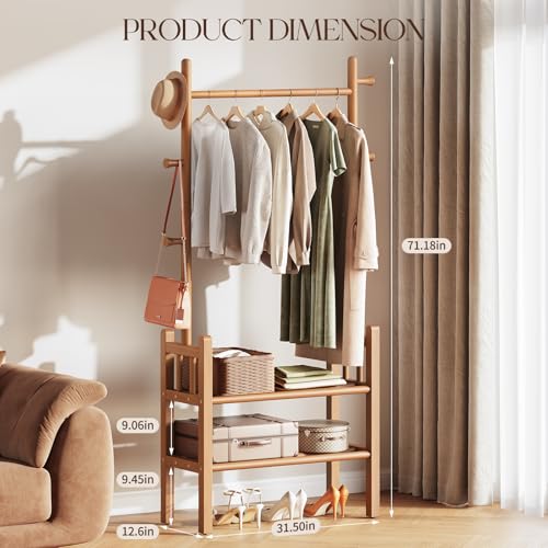 Yoobure Solid Wood Clothing Rack with Shelves - Coat Rack Freestanding with 6 Hooks, 3-in-1 Hall Tree for Hanging Clothes, Tall Garment Racks with Storage for Bedroom, Entryway, Living Room, Closet - color: Natural