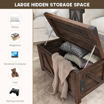 jimeimen Farmhouse Lift Top Coffee Table with Storage, Wood Square Center Table with Charging Station&USB Port, Living Room Table w/Large Hidden Space, for Living Room, Bedroom, Home Office, Brown - color: Brown