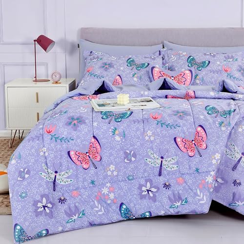 Kids Full Comforter Sets for Girls 8 Pieces Butterfly Purple Bedding Set for Teens Soft Microfiber Kids Bed in A Bag with Comforter, Sheet Set, Shams and Decorative Toy Pillow All Season - color: Butterfly, size: Full