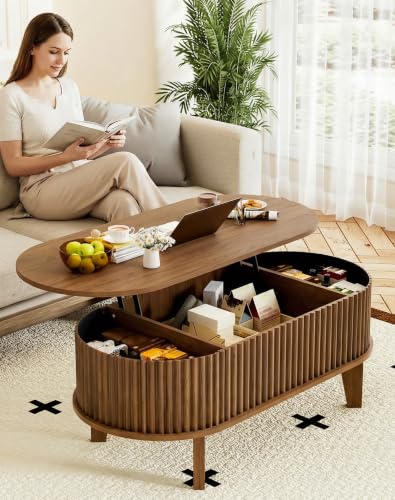 Oval Lift Top Coffee Table with Storage, 41" Wood Fluted Modern Living Room Center Table for Home Office, Walnut - color: Walnut