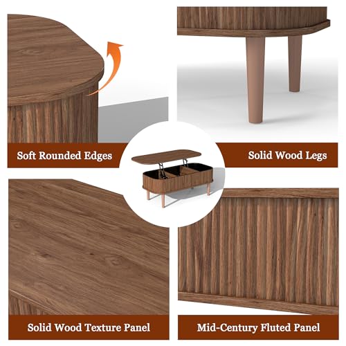 Fluted Lift Top Coffee Table with Hidden Storage, Oval Coffee Table with Lifting Top, Mid Century Modern Design for Living Room, Office & Small Spaces, Walnut - color: Walnut
