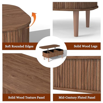 Fluted Lift Top Coffee Table with Hidden Storage, Oval Coffee Table with Lifting Top, Mid Century Modern Design for Living Room, Office & Small Spaces, Walnut - color: Walnut