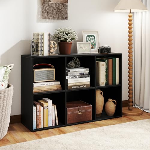 Giantex 6-Cube Bookcase, 3-Tier Cubby Bookshelf, Horizontal Vertical Display Rack with Anti-Tipping Kits, Modern Storage Organizer Shelf Unit for Bedroom, Living Room, Study Room, Black | Horizontal Vertical Display Rack with Anti-Tipping Kits, Modern Sto