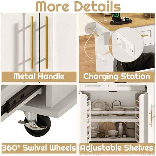 St.Mandyu 69" Large Kitchen Island on Wheels, Kitchen Rolling Island Cart with Trash Storage Cabinet, Power Outlet, 3-Tier Pull-Out Storage Trays, Drop Leaf, Mobile Island Table for Kitchen, White - color: White